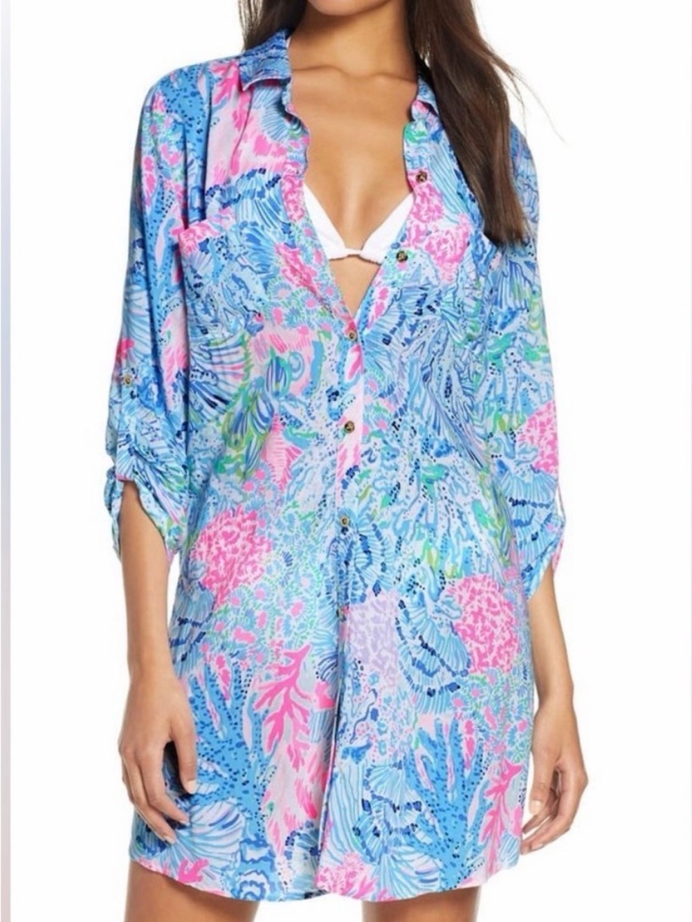 Lilly Pulitzer Blue & Pink Printed Button-Front Swim Cover-Up Sz XS